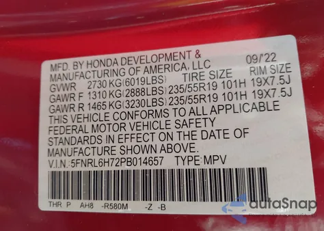 2023 Honda Odyssey Sport из США, поврежденный, VIN 5FNRL6H72PB014657